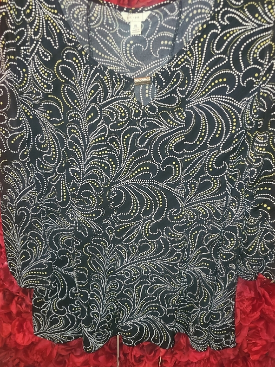 C Est. 1946 Tops - C Est. 1946 Black Blouse with White & Yellow Dot Swirl Raised Print Size Xlarge